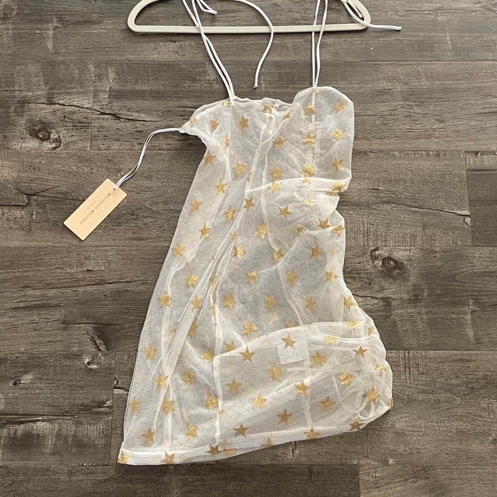 White Ruched Star Mesh Dress